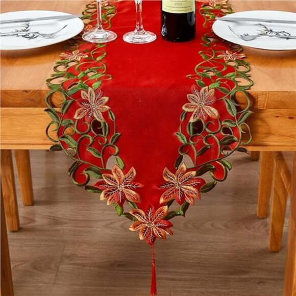 Christmas embroidered table runner red poinsettia green leaves holiday decor 69 - Picture 8 of 8